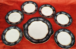 Zsolnay Pompadur II. kézzel festett porcelán süteményes - szendvicses készlet 7 db, aranyozott perem