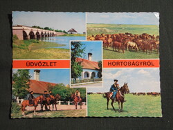 Képeslap,Hortobágy,mozaik,csikósok,csárda,ménes,kilenclyukú híd,gémeskút látkép,részlet, 1975-