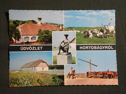 Képeslap,Hortobágy,mozaik,csikósok,csárda,ménes,pásztormúzeum,gémeskút látkép,részlet, 1975-