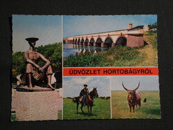 Képeslap,Hortobágy,mozaik,csikós,ménes,kilenclyukú híd,pásztormúzeum,szobor látkép,részlet, 1978-