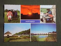 Képeslap,Hortobágy,mozaik,csikósok,pásztormúzeum,kilenclyukú híd,gémeskút látkép,részlet, 1985-