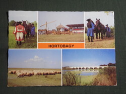 Képeslap,Hortobágy,mozaik,csikós,ménes,kilenclyukú híd,lovasnapok látkép,részlet, 1985-