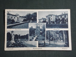 Képeslap,Harkány,Gyógyfürdő,mozaik,Vasútas ház,park,négyes út,Ilona fürdő,kápolna, részlet,1942-
