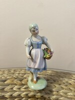 Herendi porcelán virág kosaras kislány figura 15cm