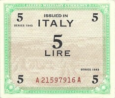 5 lira lire 1943 "F" nélkül Olaszország katonai militari
