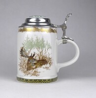 1U740 Régi Reichenbach szarvasokkal díszített ón fedeles porcelán vadász sörös kupa sörös korsó