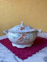 Zsolnay porcelán tollazott barok fedeles levesestál.