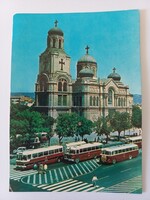 Régi képeslap Bulgária, Várna Katedrális és Ikarus buszok 1975