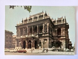 Régi képeslap Budapest, Operaház  - teherautó, régi autók, utcakép 70-es évek
