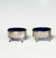 Ezüst antik angol asztali fűszertartó párban, kék üveggel- 1825,London