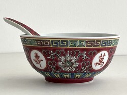Kínai porcelán virágos, kézzel festett, bordó mázas rizses, leveses tál és kanál