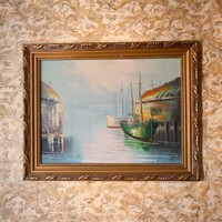 Csodásan megfestett festmény, vegyes technika: Halász hajók a kikötőben, tájkép