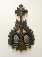 ANTIK FARAGOTT FA FESZÜLET, EGYHÁZI KERESZT JÉZUS, SZENT ANTAL, ÉS MADONNA ÁBRÁZOLÁSSAL