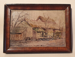 Németh György - parasztház, szekér, kisméretű olajkép, festmény, falemezen. 17x11,5cm