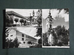 Képeslap,Kistelek,mozaik,Templom,iskola,tanácsháza,kocsma,presszó,utca látkép,részlet, 1968-