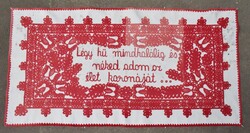 Hímzett vászon erdélyi írásos antik kézimunka falvédő Légy hű mindhalálig ... tulipán minta 123x63cm