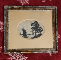 Régi fekete hajós tű gobelin, 12,5x9 cm( de lehet a paszpartu mögött nagyobb..) keret: 24x 22 cm.