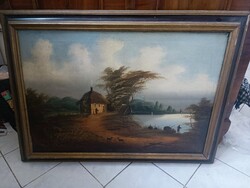 Antik nèmetalfőldi festmèny házikó tóparton 1883 olaj vaszon