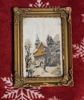 Régi tű gobelin, utcarészlet.13x 9 cm. Keret: 17x 12,5cm, nagyon régi, szép keretben,