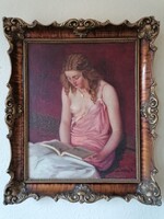 Olvasó hölgy, Szöllősy János olaj/vászon festmény 50x40 cm