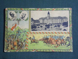 Képeslap,Debrecen,Püspöki palota,grafikai,katona,honvéd,huszár levél,Országzászló,Ferenc József,1918