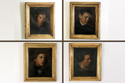 4db Antik bieder portré -- biedermeier férfi nő fiú lány csokornyakkend 30x40cm arany keret