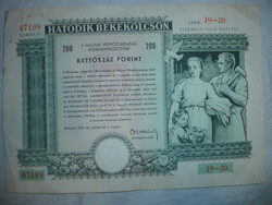 Régi hatodik békekölcsön 200 ft papír 1955