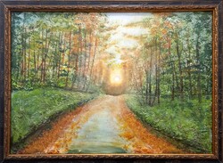 Prima díjas művésztől, Erdei út Lovásziban 50x70 cm, tanúsítvánnyal. Károlyfi Zsófia(1952-)