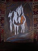 Lovasok,- Kádár  Béla, olajfestmény (vagy vegyes technika?)82 x 59 cm farostlemez, keret nélkül