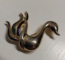 Szép állapotú aranyozott hattyú alakú bross kitűző tüzzománc díszítéssel