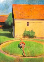 Nagybányai festő: Tanyaudvar mezőgazdasági géppel (olaj) ún. járgány - 1920-as évek vagy régebbi