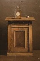I1 ft-ról indul! FJ. BENEDEK JENŐ (1939-2019) Kis szekrény órával. Olaj/farost, 35x25 plusz keret!