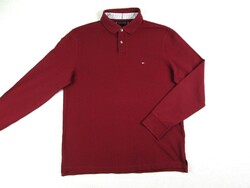 EREDETI TOMMY HILFIGER (L) FÉRFI BORDÓ HOSSZÚ UJJÚ GALLÉROS PÓLÓ FELSŐ