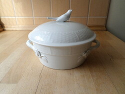 Herendi fehér porcelán kisebb fedeles tál madaras fogóval
