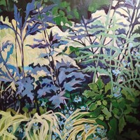 Virágos modern tájkép, akril festmény, 40X40 Nyári árnyék