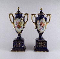 1T361 Antik kobaltkék osztrák Victoria porcelán urnaváza pár 27 cm