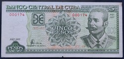 Kuba / Cuba 5 Pesos 2002, VF. Alacsony sorszám.