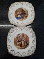 Jes angol porcelán dísztányér duó utcajelenetes aranyozott négyzetalakú tányérok 24.5 cm