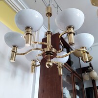 Art deco - Streamline 6 karos hatalmas réz csillár felújítva - tejüveg ernyők