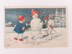 Régi újévi képeslap 1928 hóember gyerekek