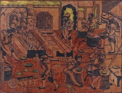 1U871 Régi karcolt festett bőrkép - középkori műhely 32cm x 25 cm