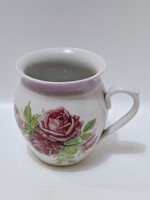 Zsolnay rózsás, rózsa mintás csupor, hasas nagy bögre, "fülbeteg" 11,4 cm