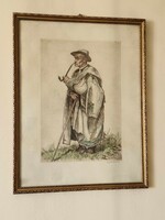 Pipázó juhász  1931-ben készült, kézzel színezett, jelzett rézkarc. Művész: Zádor István.