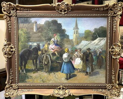 Burchard Bélaváry István(1864-1933) Piaci jelenet,keretezve 80 x 100 cm,olaj-vászon