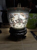Antik kínai nagyméretű halas kaspó Kanton tartományból ebenfa talpon, keleti, ázsiai, japán