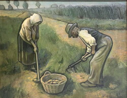 Krumpliszedők – nagyméretű magyar életkép, 20. század első fele, olaj-vászon, 80×100 cm