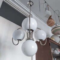 Art deco - Bauhaus nikkelezett csillár felújítva - tejüveg gömb búrák