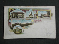 Képeslap,Szigetvár,litho,Zrínyi szobor,vár,takarékpénztár,templom,vasútállomás látkép,1900-  ,kék,