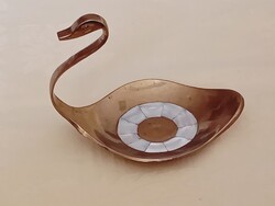 Asztalközép kínáló sárgaréz hattyú gyönygyház berakással dísztárgy retro