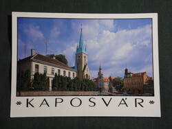Képeslap,Kaposvár,Kossuth tér,Székesegyház templom,utca látkép,részlet, 1992-
